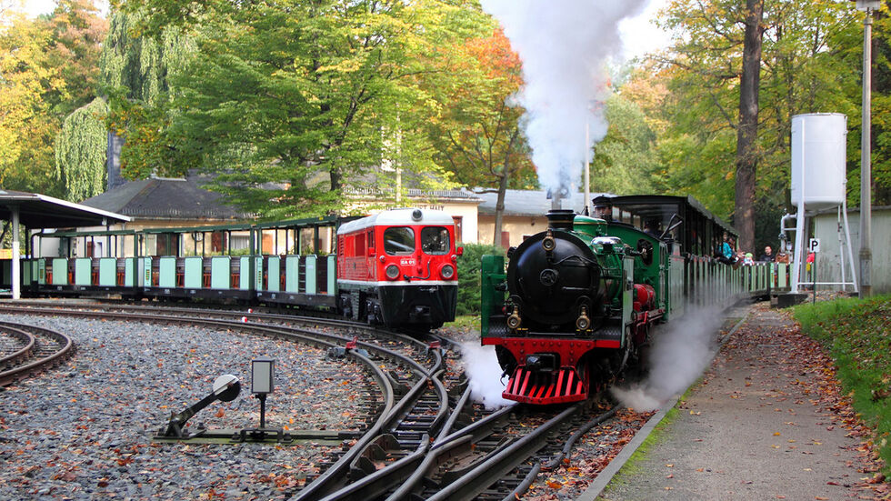 Dampf- und EA-Lok der Dresdner Parkei­sen­bahn (Foto Alexander Kwas)