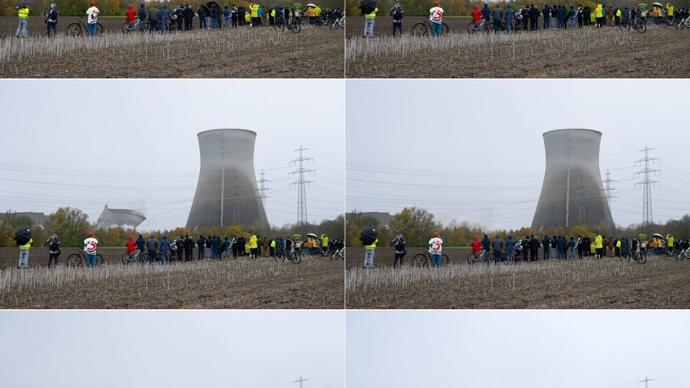 Bildkombo der Kühlturm-Sprengung in Gundremmingen.