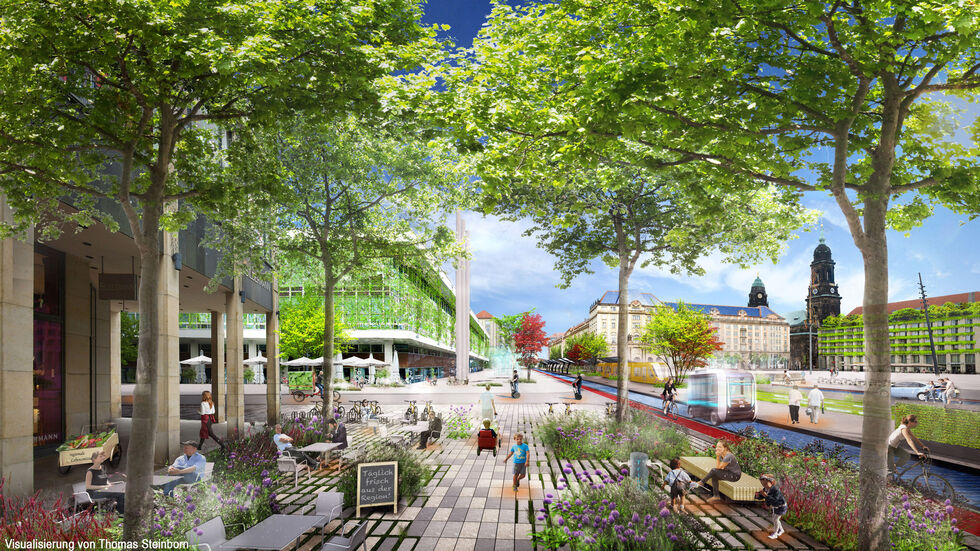 Mit einer computergenerierten Visualisierung des Bereiches rund um den Dresdner Altmarkt im Jahr 2035 möchte die Bürgerinitiative DresdenZero Lust auf eine klimaneutrale Stadt machen.