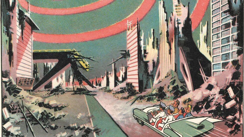 Eine Szene aus dem Mosaikheft 27, in dem Dig und Dag den Planeten Nucleon besuchen. Die Figur Digedags taucht von Heft 21 bis 99 nicht auf, wurde dann wieder eingeführt und war ab Heft 141 wieder ständig vorhanden.