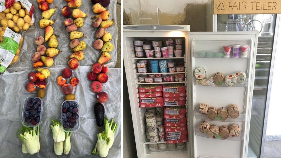 Bei einem "FairTeiler" (r.) kann man überschüssige Lebensmittel, wie Obst und Gemüse (l.), weiter verteilen.