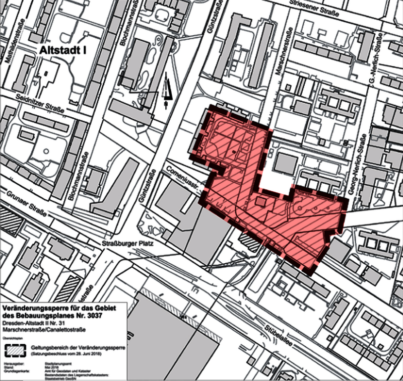 Auf einem Teil dieses Geländes an der Marschner Straße ist der Moscheebau geplant. Der Stadtrat verhängte 2018 allerdings eine Veränderungssperre (Quelle: Stadtverwaltung Dresden)