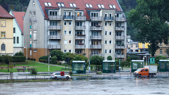 Das Hochwasser in Bad Schandau steht nur wenige Meter von Wohnhäusern entfernt.
