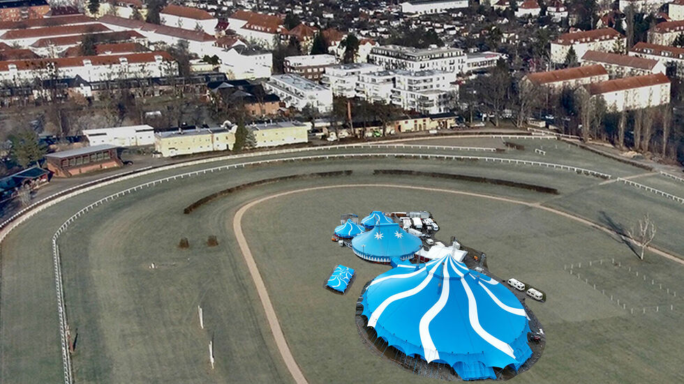 Die Visualisierung zeigt, wie der künftige Standort des Weihnachtszirkus auf der Galopprennbahn aussehen könnte. Die Visualisierung zeigt, wie der künftige Standort des Weihnachtszirkus auf der Galopprennbahn aussehen könnte.