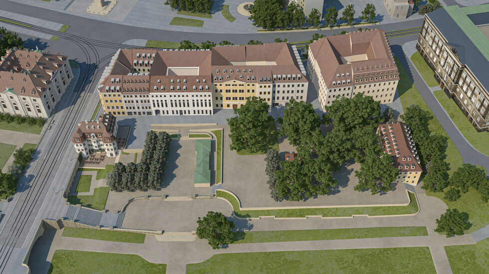 Zwischen Blockhaus (li.) und Finanzministerium (re.) soll das Königsufer wieder bebaut werden
