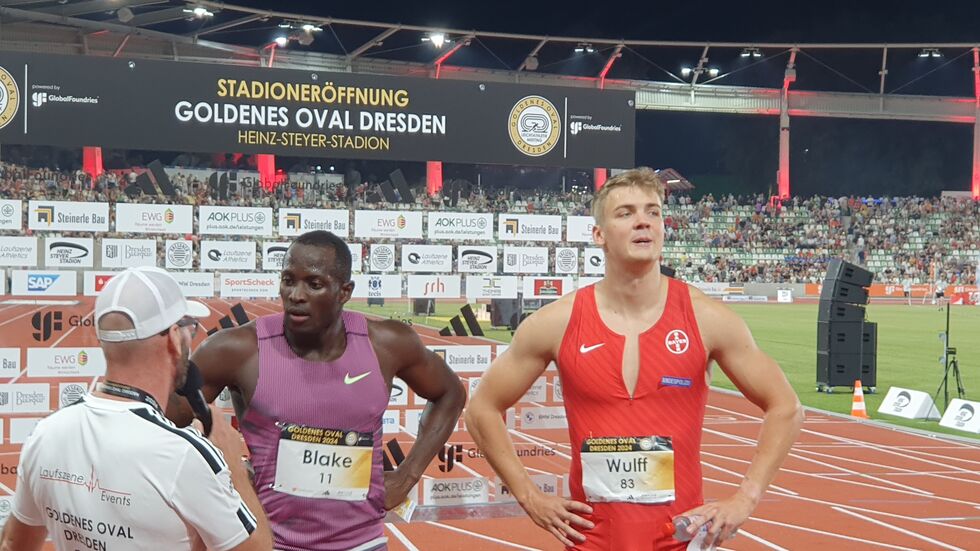 Jerome Blake und Simon Wulff nach ihrem 100 Meter Rennen.