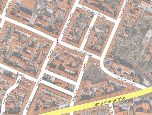 Die Lage der Kreuzung Martin-Luther-Straße / Louisenstraße / Kamenzer Straße inkl. der möglichen Positionierung des modalen Filters.